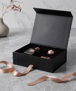 Bespoke Black Rigid Gift Packaging Boxes with Silk Ribbon Tie