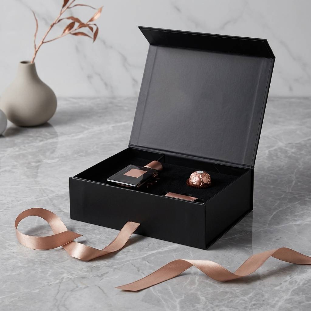 Bespoke Black Rigid Gift Packaging Boxes with Silk Ribbon Tie Bespoke Black Rigid Gift Packaging Boxes with Silk Ribbon Tie