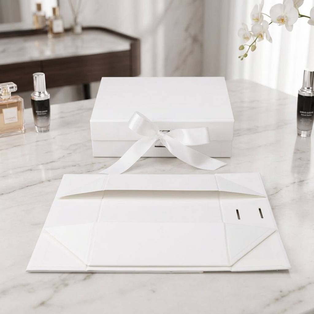 Bespoke Rigid Folding Gift Packaging with White Ribbon Tie Bespoke Rigid Folding Gift Packaging with White Ribbon Tie