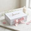 Elegant White Foldable Gift Box With Custom Name & Pink Ribbon Wedding Favor Packaging