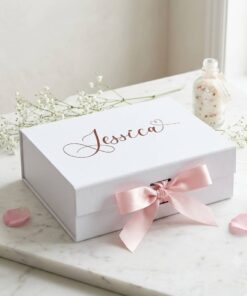 Elegant White Foldable Gift Box With Custom Name & Pink Ribbon Wedding Favor Packaging