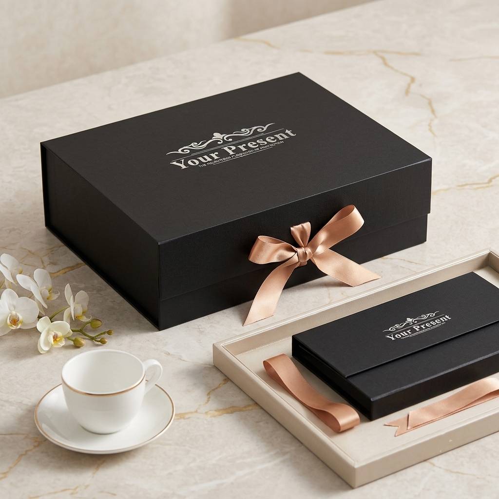 Custom Printed Flat-Packed Rigid Boxes with Pattern Printing and Ribbon Custom Printed Flat-Packed Rigid Boxes with Pattern Printing and Ribbon