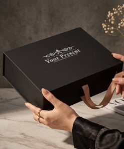 Custom Logo Black Folding Gift Boxes with Satin Ribbon Closure in Bulk