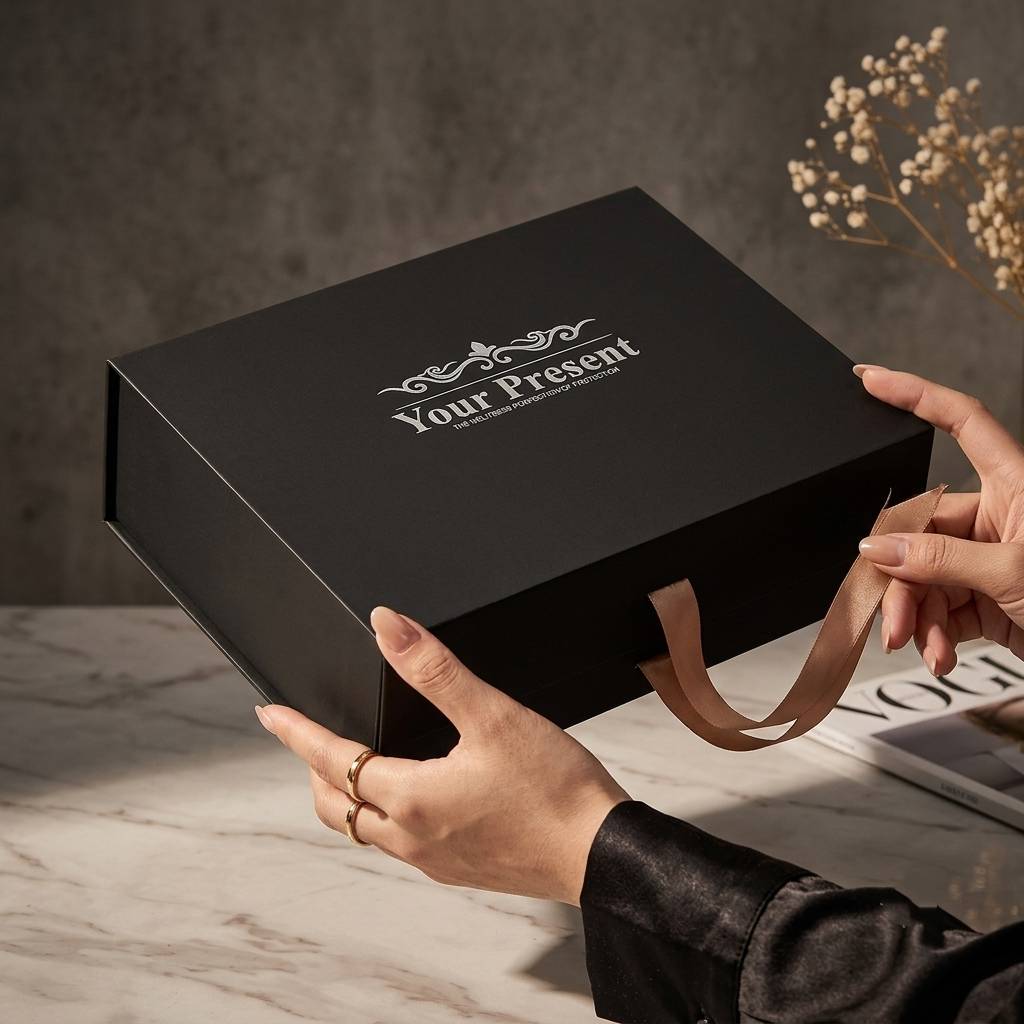Custom Logo Black Folding Gift Boxes with Satin Ribbon Closure in Bulk Custom Logo Black Folding Gift Boxes with Satin Ribbon Closure in Bulk