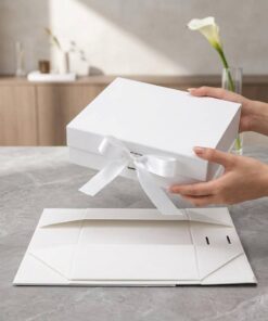 Custom Logo White Folding Gift Boxes with Satin Ribbon Closure in Bulk