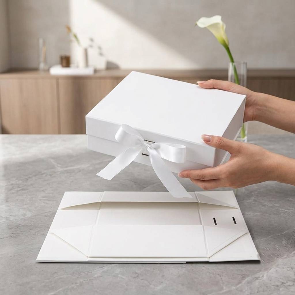 Custom Logo White Folding Gift Boxes with Satin Ribbon Closure in Bulk Custom Logo White Folding Gift Boxes with Satin Ribbon Closure in Bulk