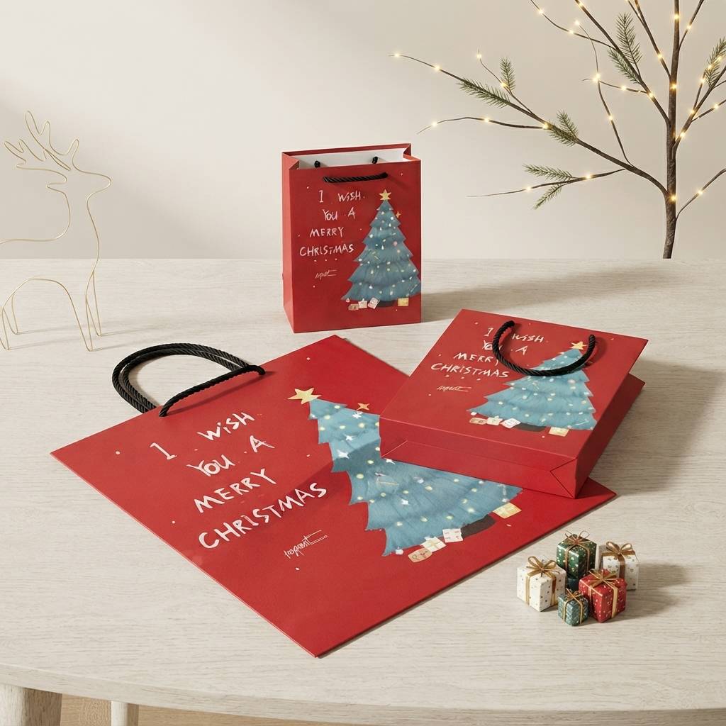 Bulk Festive Christmas Tree Paper Bags with Handles Bulk Festive Christmas Tree Paper Bags with Handles