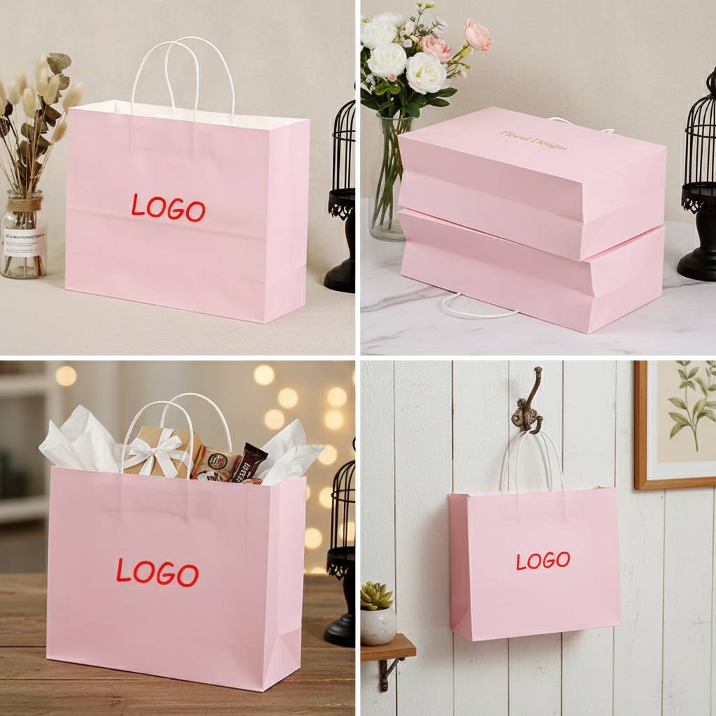 Custom Logo Print Pink Paper Shopping Bag Custom Logo Print Pink Paper Shopping Bag