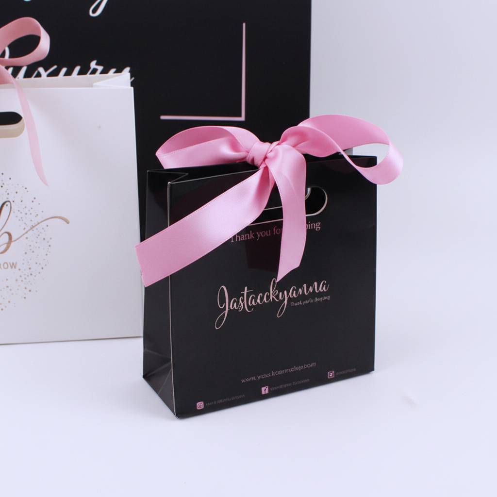 Custom Logo Black Paper Gift Bags with Ribbon Handles Custom Logo Black Paper Gift Bags with Ribbon Handles