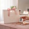 Custom Printed Pink Satin Ribbon White Cardboard Tote Bags