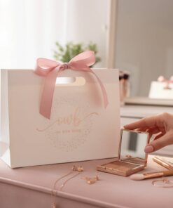Custom Printed Pink Satin Ribbon White Cardboard Tote Bags