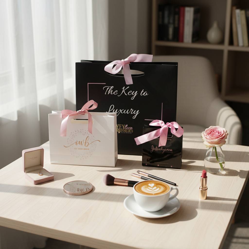 Custom Exclusive Logo Black Paper Shopping Bags with Elegant Ribbon Custom Exclusive Logo Black Paper Shopping Bags with Elegant Ribbon