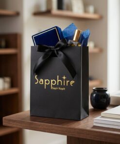 Custom Gold Foil Logo Black Gift Paper Bags with Ribbon Handles