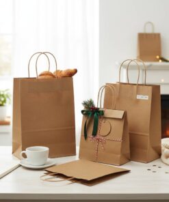 Custom Printed Brown Kraft Paper Gift Bag with Holiday Ribbon
