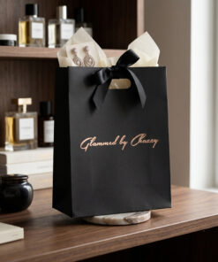 Custom Company Logo Pure Color Black Paper Packaging Tote Bags with Ribbon
