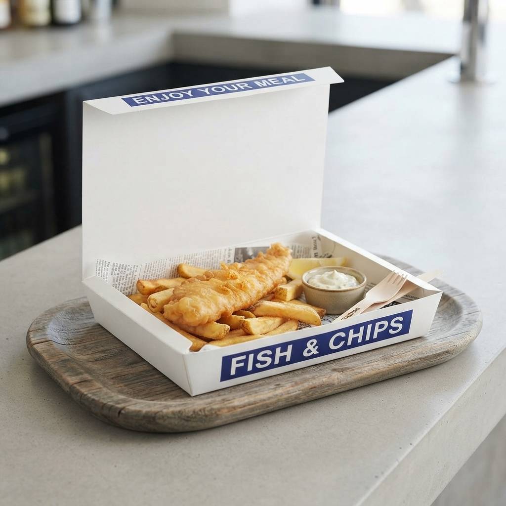 Foldable fish and chips takeaway paper box Foldable fish and chips takeaway paper box