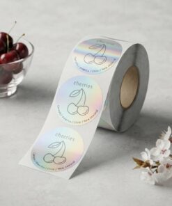 Glossy holographic adhesive stickers for food packaging