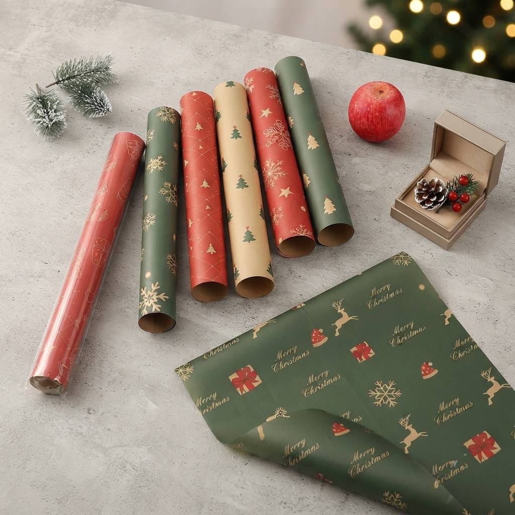 Custom Pattern Recycled Christmas Tissue Paper with Gold Snowflakes and Reindeer Custom Pattern Recycled Christmas Tissue Paper with Gold Snowflakes and Reindeer