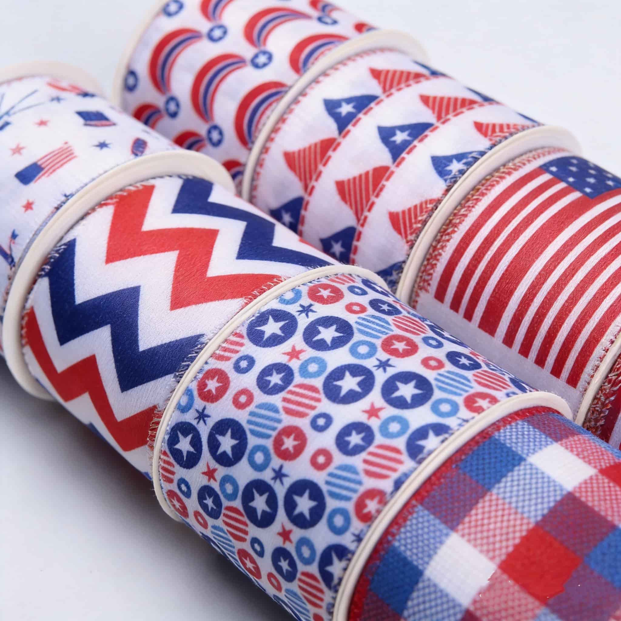 Custom Independence Day Wired Satin Ribbons For Gift Wrapping Custom Independence Day Wired Satin Ribbons For Gift Wrapping
